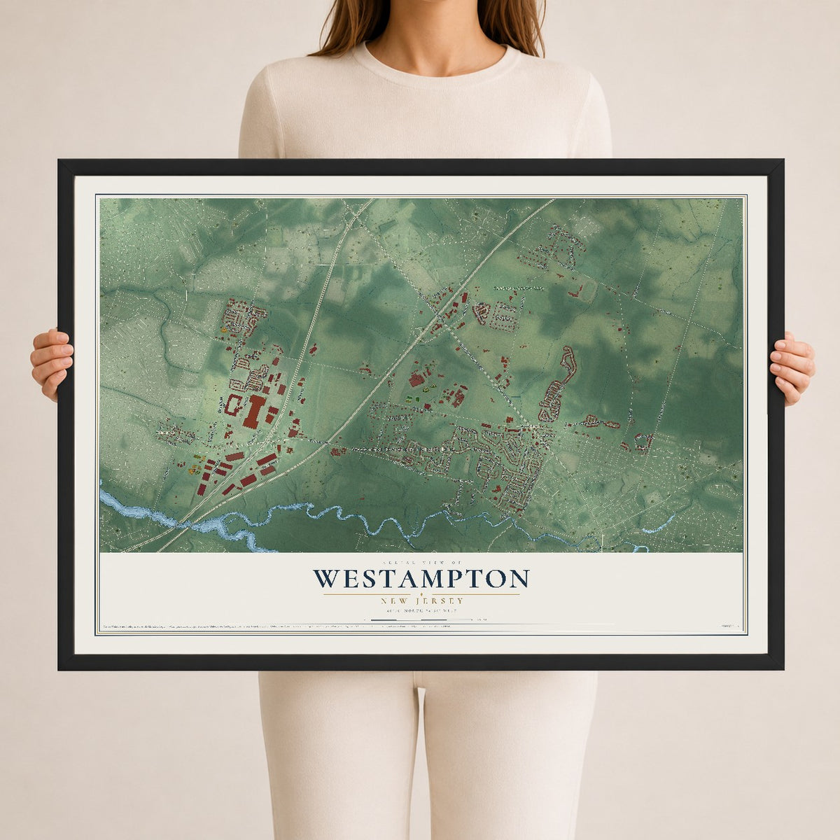 Westampton, New Jersey map print, 24" x 36" W/ Black Ayous Wood Frame mockup