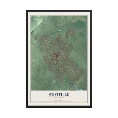 Westfield, New Jersey map print, 12" x 18" W/ Black Ayous Wood Frame mockup