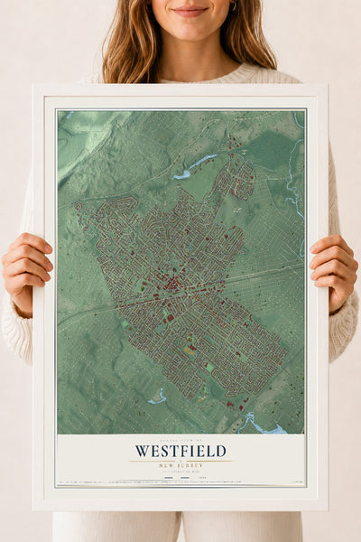 Westfield, New Jersey map print, 18" x 24" W/ White Ayous Wood Frame mockup