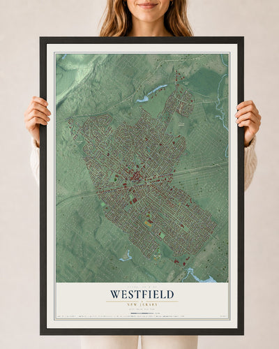 Westfield, New Jersey map print, 24" x 36" W/ Black Ayous Wood Frame mockup