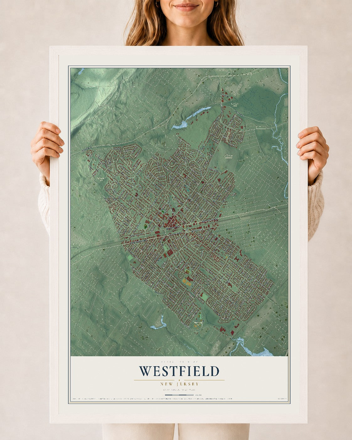 Westfield, New Jersey map print, 24" x 36" W/ White Ayous Wood Frame mockup