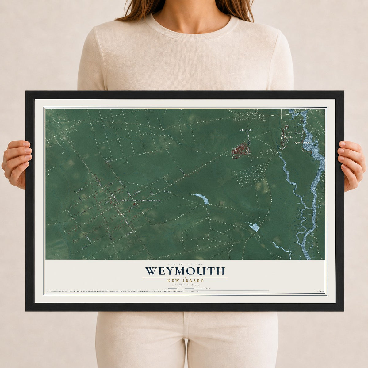 Weymouth, New Jersey map print, 12" x 18" W/ Black Ayous Wood Frame mockup