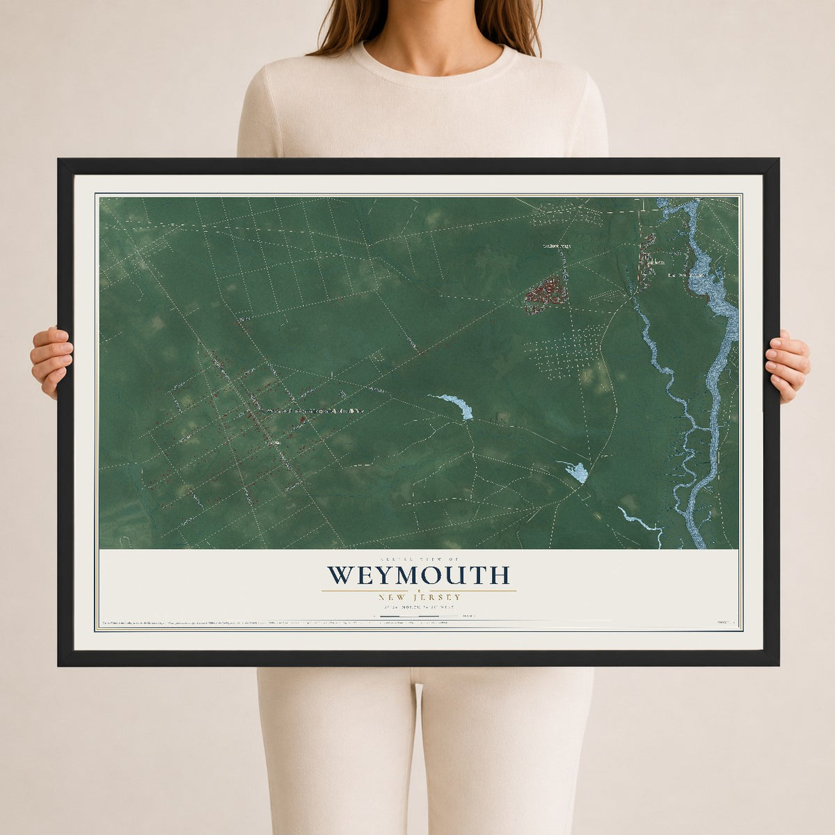 Weymouth, New Jersey map print, 24" x 36" W/ Black Ayous Wood Frame mockup