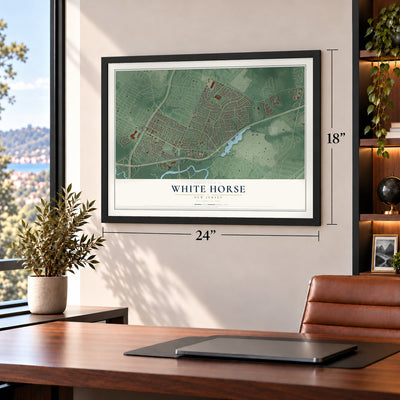 White Horse, New Jersey map, 18 x 24 inch print in a black frame in a home office