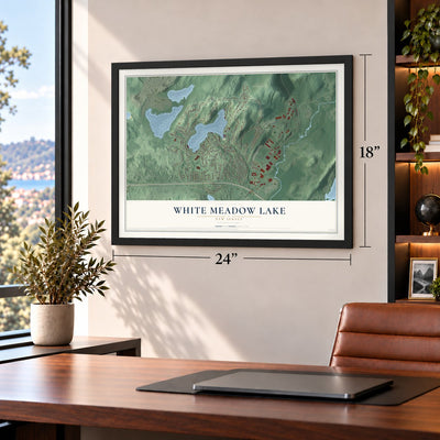 White Meadow Lake, New Jersey map, 18 x 24 inch print in a black frame in a home office