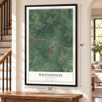 Whitehouse, New Jersey map, 24 x 36 inch print in a black frame by a staircase