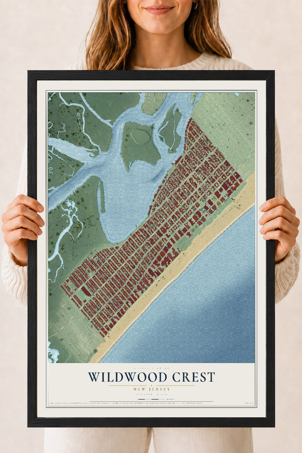 Wildwood Crest, New Jersey map print, 18" x 24" W/ Black Ayous Wood Frame mockup