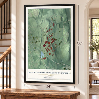 William Paterson University of New Jersey, New Jersey map, 24 x 36 inch print in a black frame by a staircase