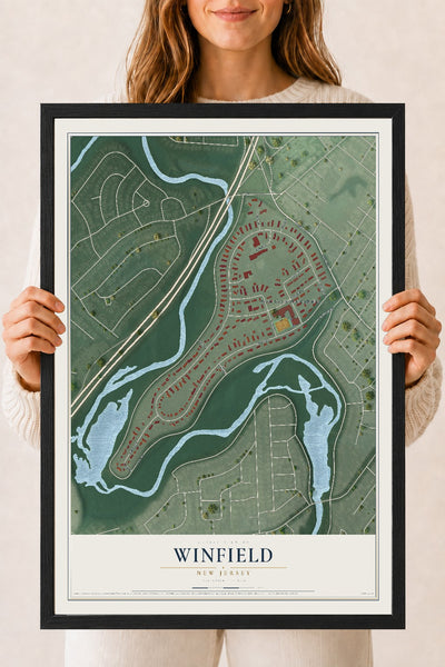 Winfield, New Jersey map print, 18" x 24" W/ Black Ayous Wood Frame mockup