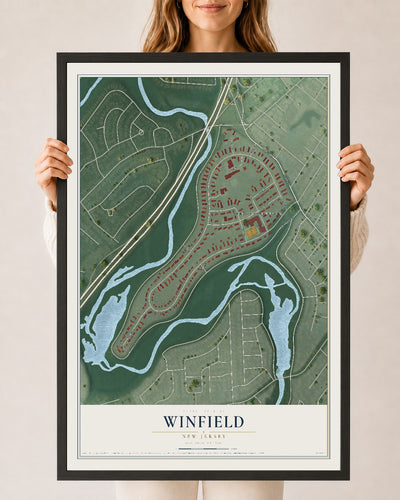 Winfield, New Jersey map print, 24" x 36" W/ Black Ayous Wood Frame mockup