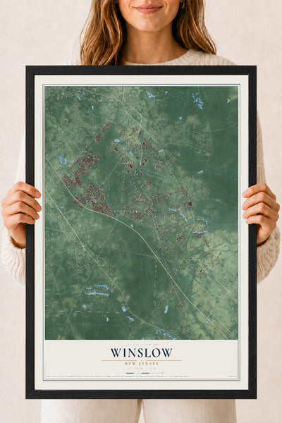 Winslow, New Jersey map print, 18" x 24" W/ Black Ayous Wood Frame mockup