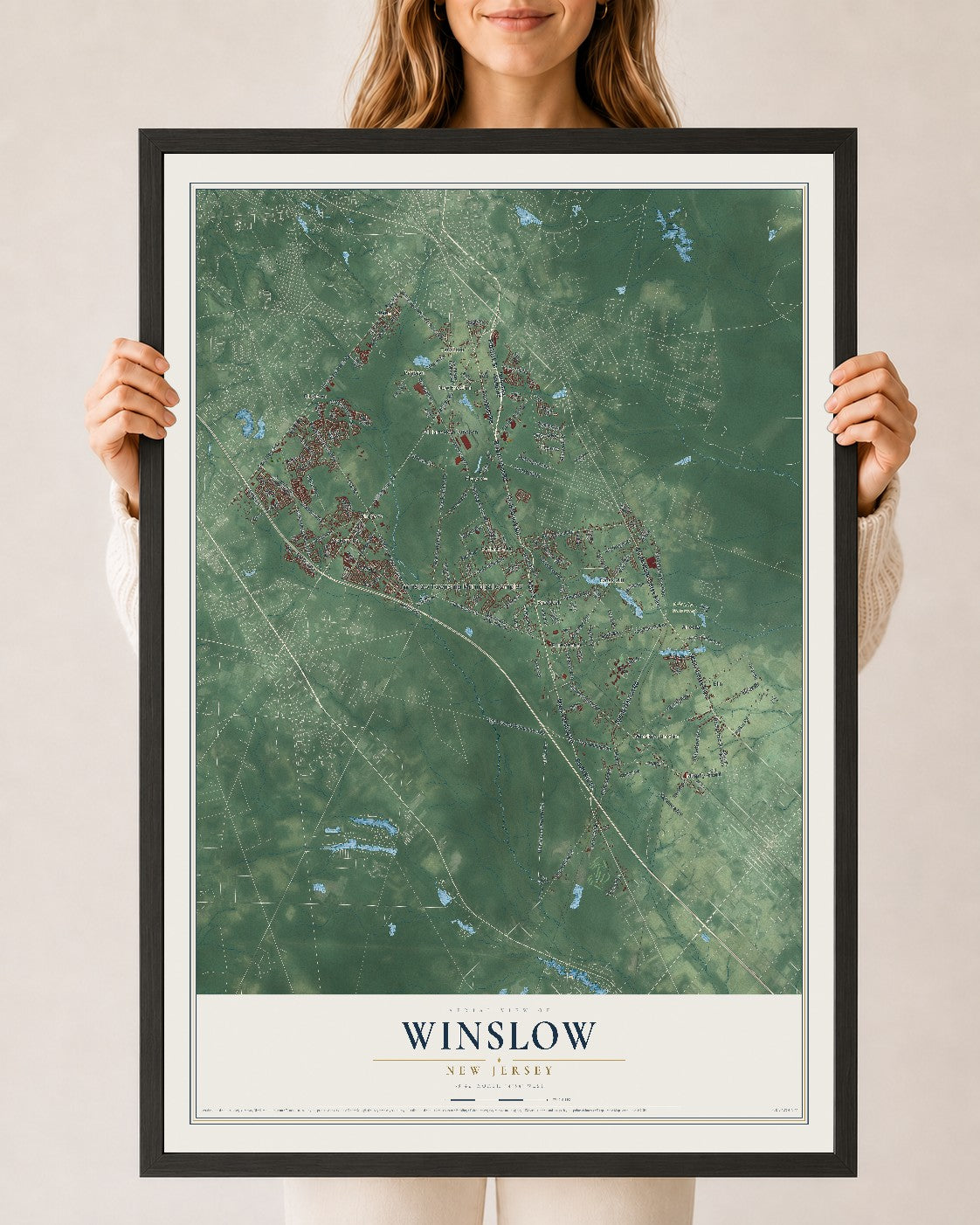 Winslow, New Jersey map print, 24" x 36" W/ Black Ayous Wood Frame mockup