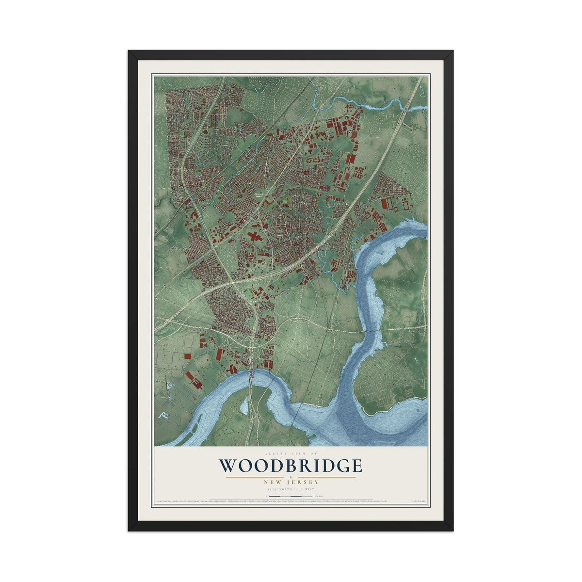 Woodbridge, New Jersey map print, 12" x 18" W/ Black Ayous Wood Frame mockup
