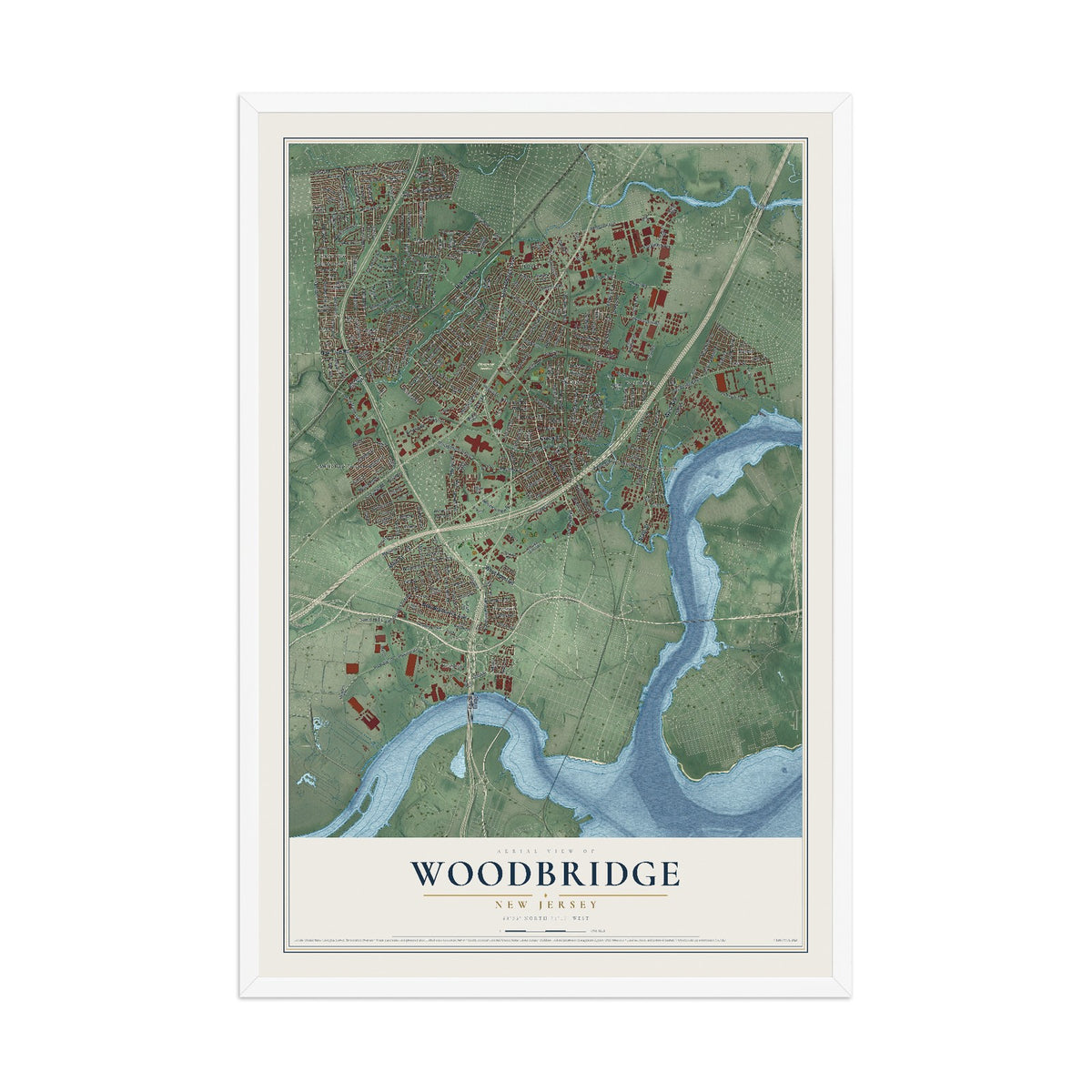 Woodbridge, New Jersey map print, 12" x 18" W/ White Ayous Wood Frame mockup