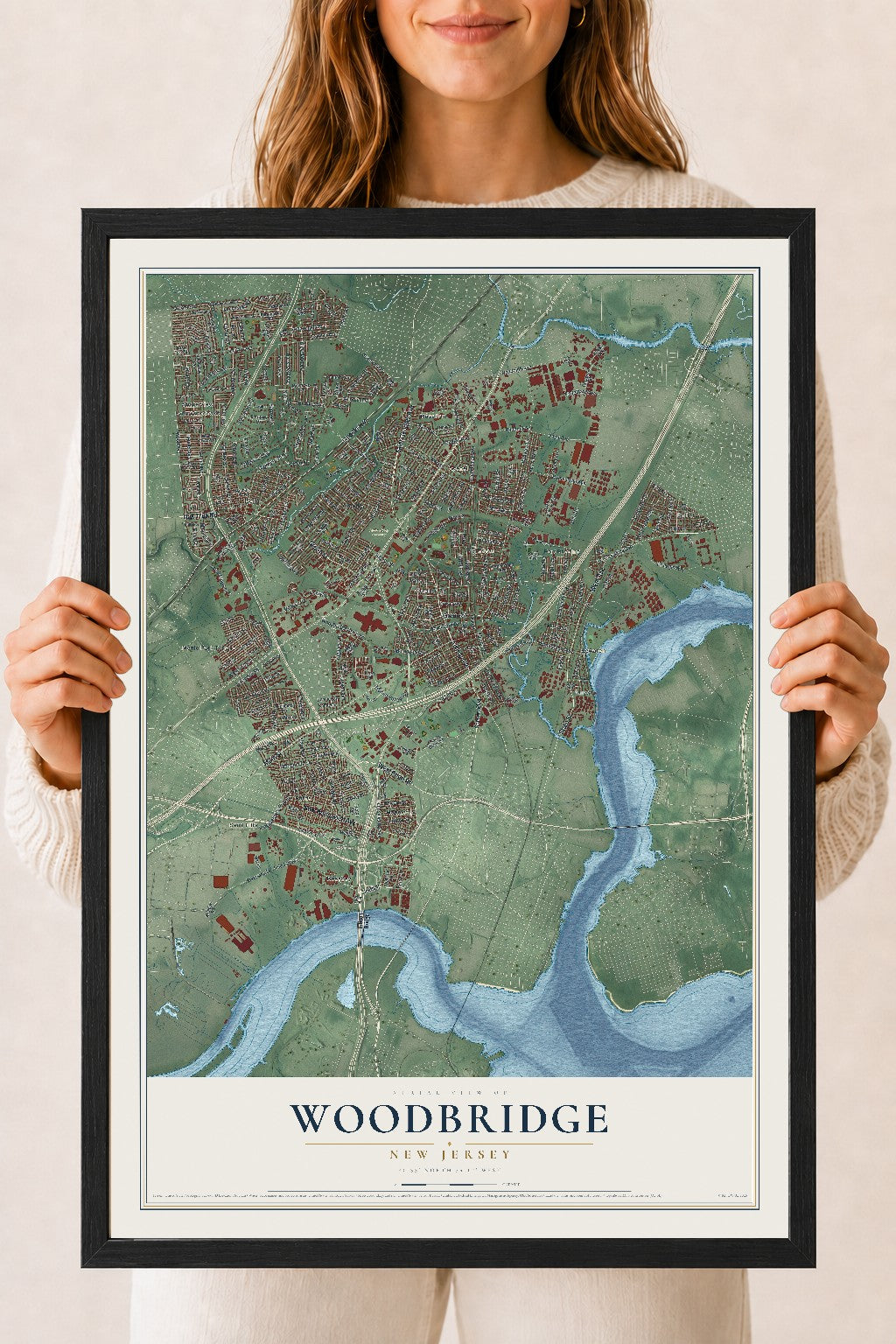 Woodbridge, New Jersey map print, 18" x 24" W/ Black Ayous Wood Frame mockup