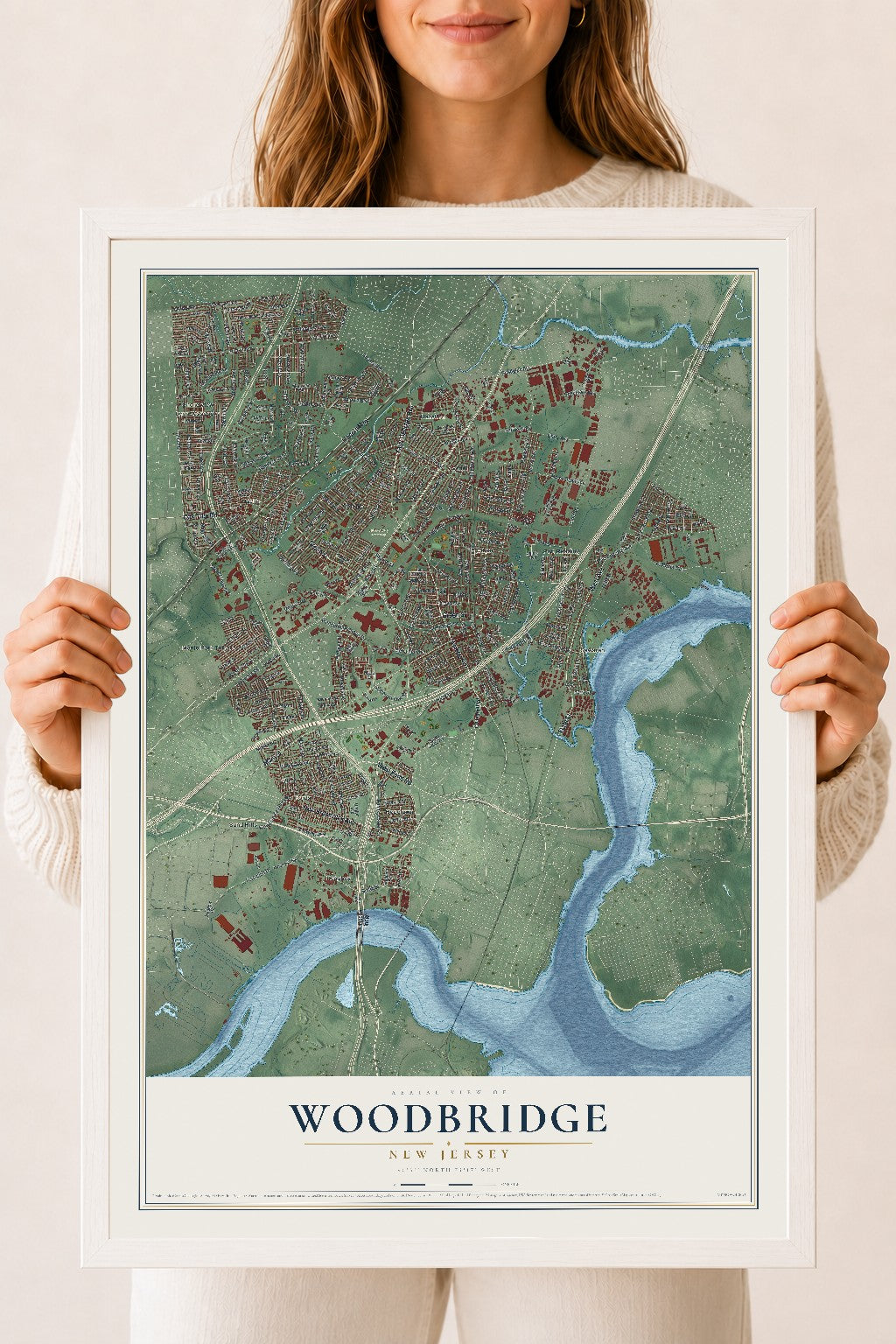 Woodbridge, New Jersey map print, 18" x 24" W/ White Ayous Wood Frame mockup