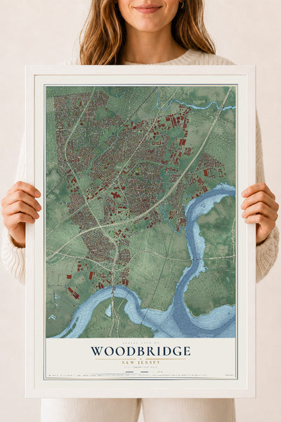 Woodbridge, New Jersey map print, 18" x 24" W/ White Ayous Wood Frame mockup