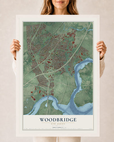Woodbridge, New Jersey map print, 24" x 36" W/ White Ayous Wood Frame mockup