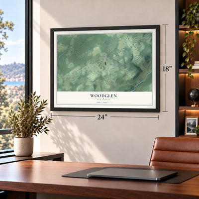 Woodglen, New Jersey map, 18 x 24 inch print in a black frame in a home office