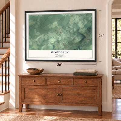 Woodglen, New Jersey map, 24 x 36 inch print in a black frame above a dresser by a staircase