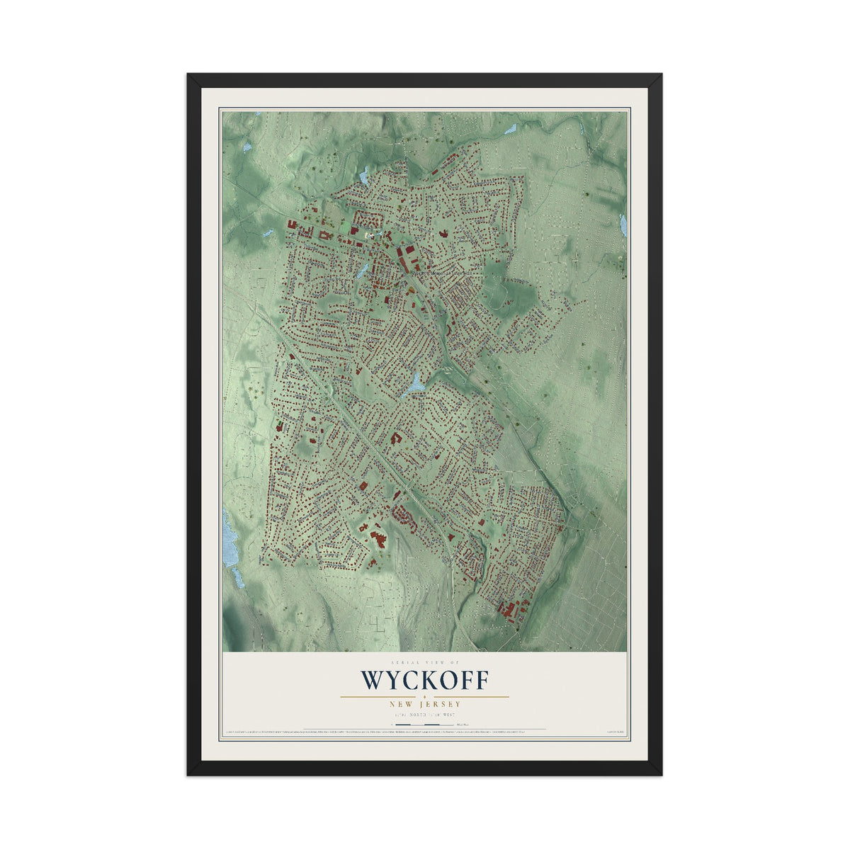 Wyckoff, New Jersey map print, 12" x 18" W/ Black Ayous Wood Frame mockup