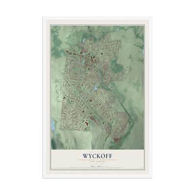Wyckoff, New Jersey map print, 12" x 18" W/ White Ayous Wood Frame mockup