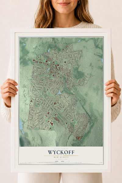 Wyckoff, New Jersey map print, 18" x 24" W/ White Ayous Wood Frame mockup