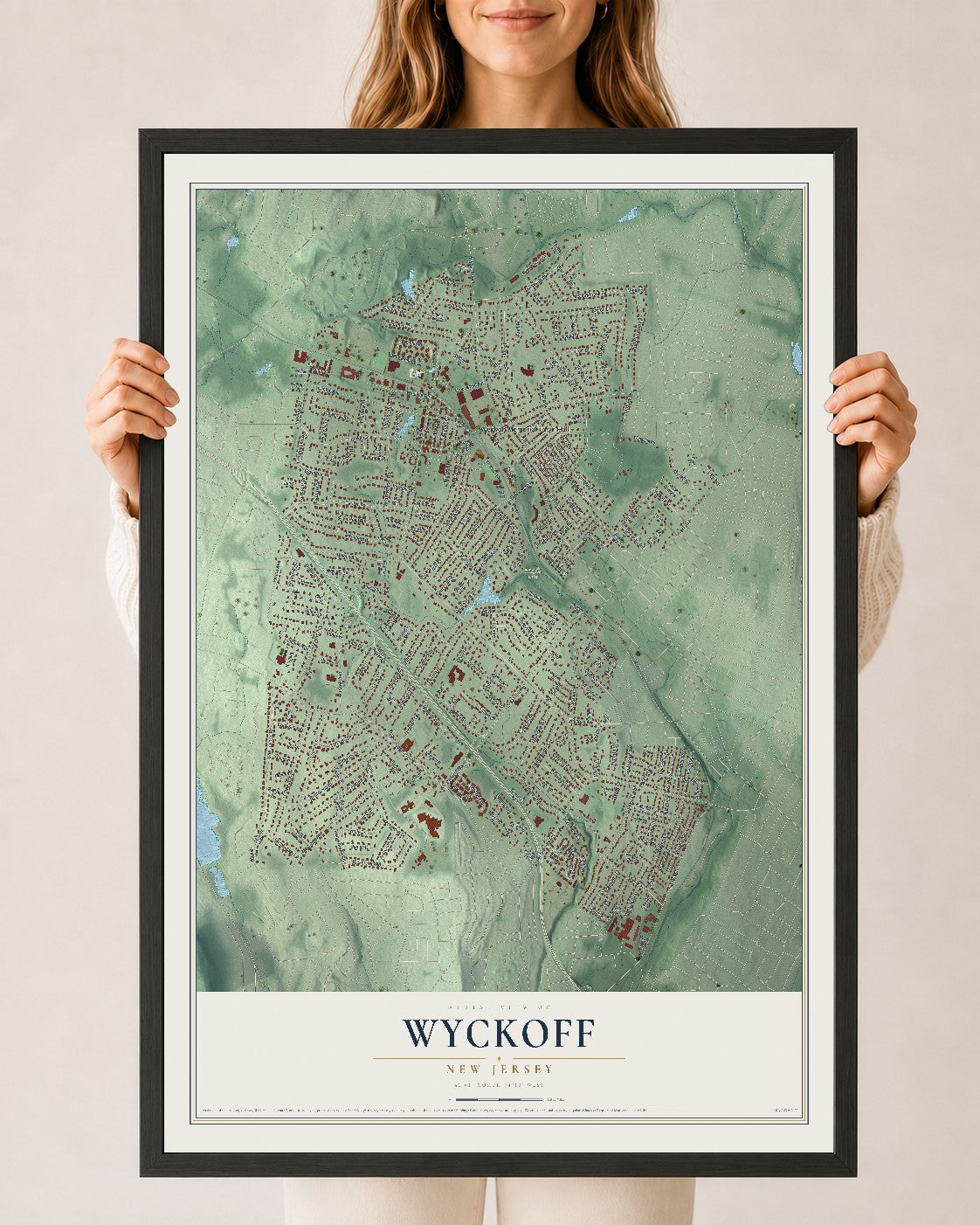 Wyckoff, New Jersey map print, 24" x 36" W/ Black Ayous Wood Frame mockup