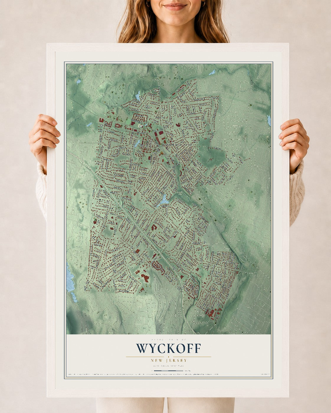 Wyckoff, New Jersey map print, 24" x 36" W/ White Ayous Wood Frame mockup