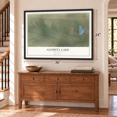 Acomita Lake, New Mexico map, 24 x 36 inch print in a black frame above a dresser by a staircase