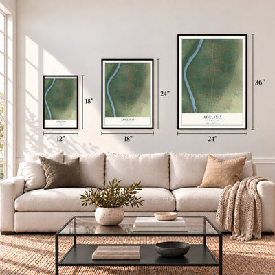 Adelino, New Mexico map in 12 x 18, 18 x 24 and 24 x 36 inch sizes above a sofa