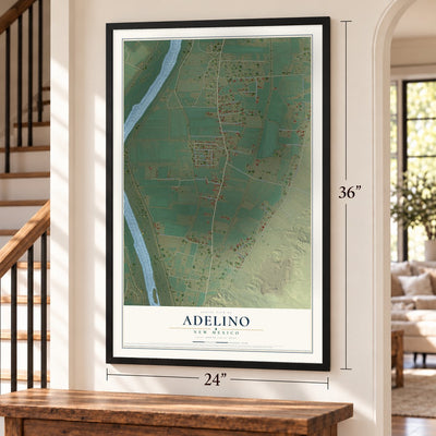Adelino, New Mexico map, 24 x 36 inch print in a black frame by a staircase
