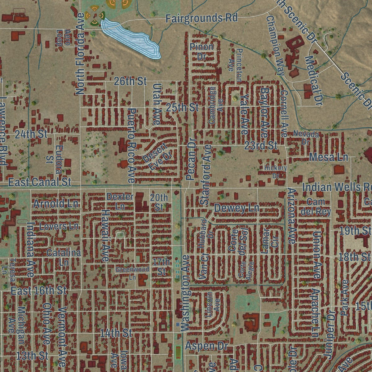 Close-up of the map of Alamogordo, New Mexico print showing street and building detail