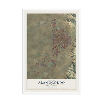 Map of Alamogordo, New Mexico, 12 x 18 inch print in a white wood frame