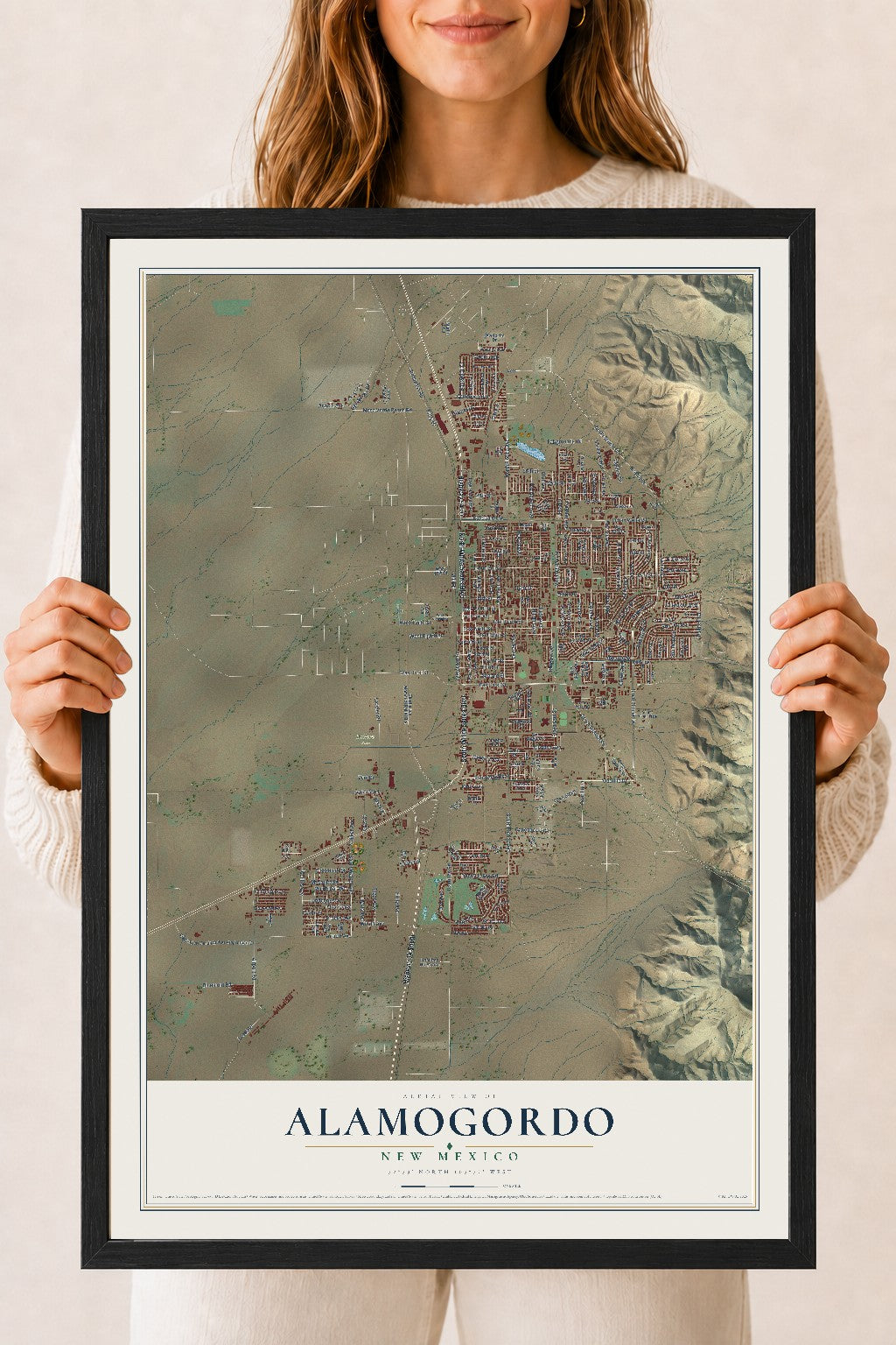 Map of Alamogordo, New Mexico, 18 x 24 inch print in a black wood frame