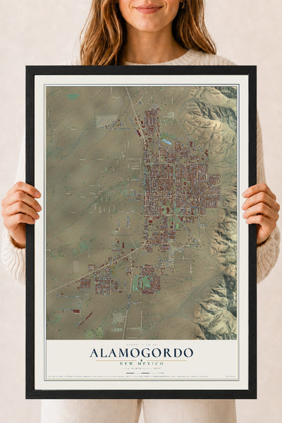 Map of Alamogordo, New Mexico, 18 x 24 inch print in a black wood frame