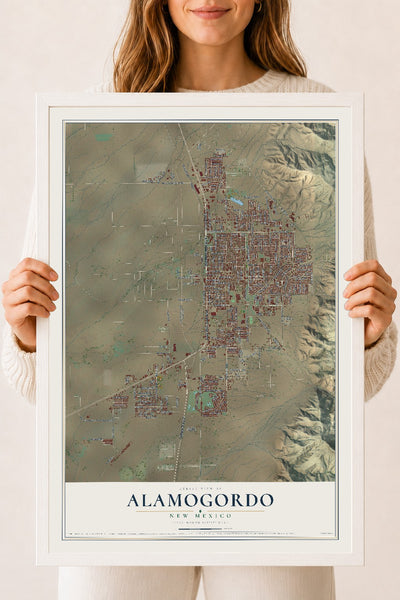 Map of Alamogordo, New Mexico, 18 x 24 inch print in a white wood frame