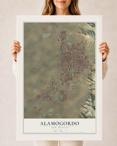 Map of Alamogordo, New Mexico, 24 x 36 inch print in a white wood frame