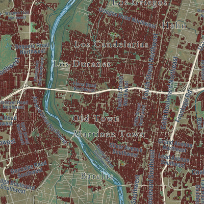 Close-up of the map of Albuquerque, New Mexico print showing street and building detail