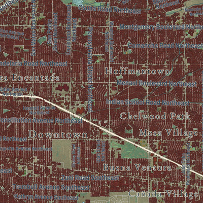Second close-up of the map of Albuquerque, New Mexico print showing more streets and buildings