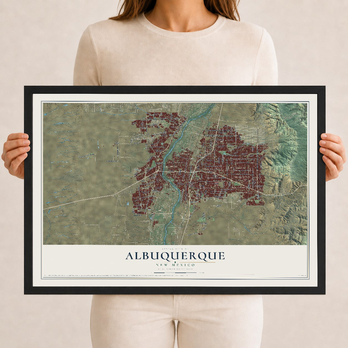 Map of Albuquerque, New Mexico, 12 x 18 inch print in a black wood frame