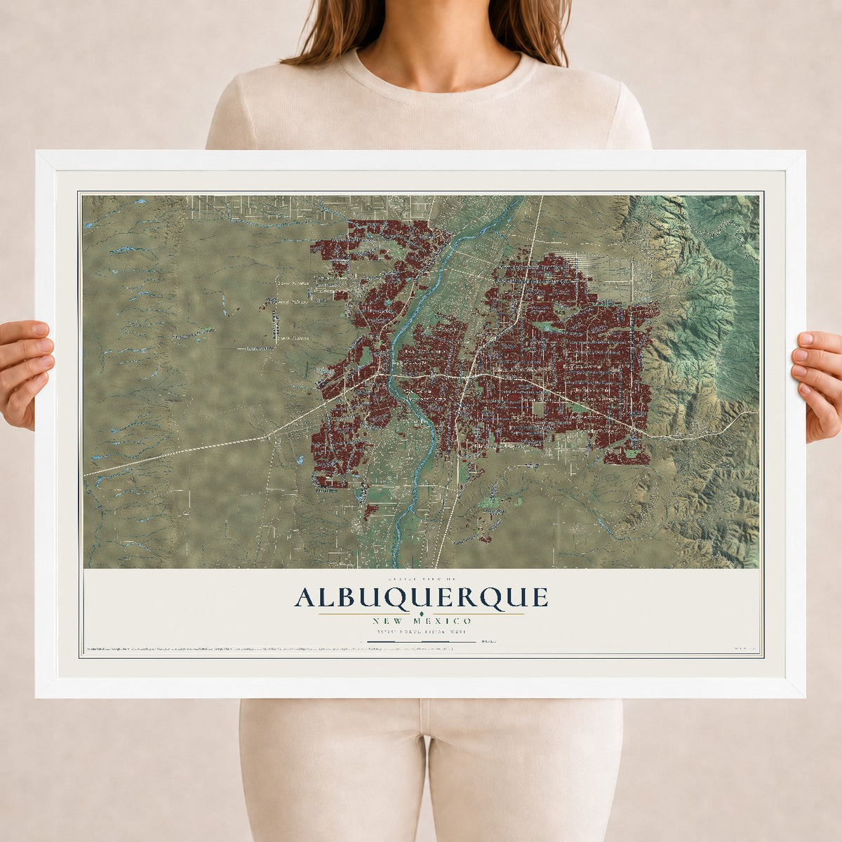 Map of Albuquerque, New Mexico, 18 x 24 inch print in a white wood frame