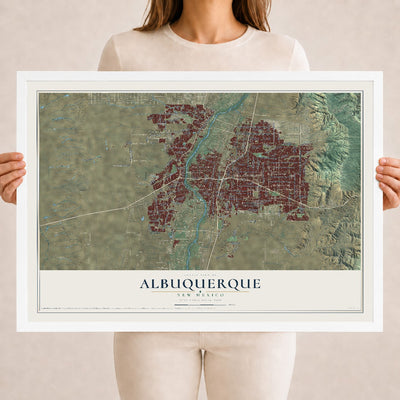 Map of Albuquerque, New Mexico, 18 x 24 inch print in a white wood frame