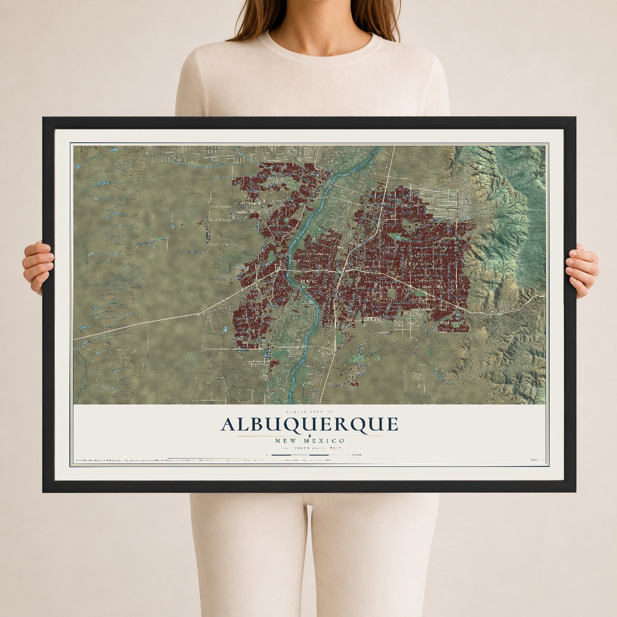 Map of Albuquerque, New Mexico, 24 x 36 inch print in a black wood frame