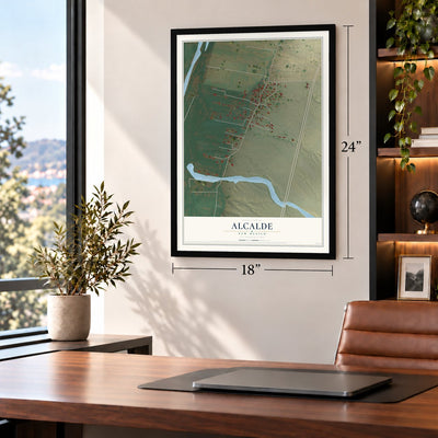 Alcalde, New Mexico map, 18 x 24 inch print in a black frame in a home office