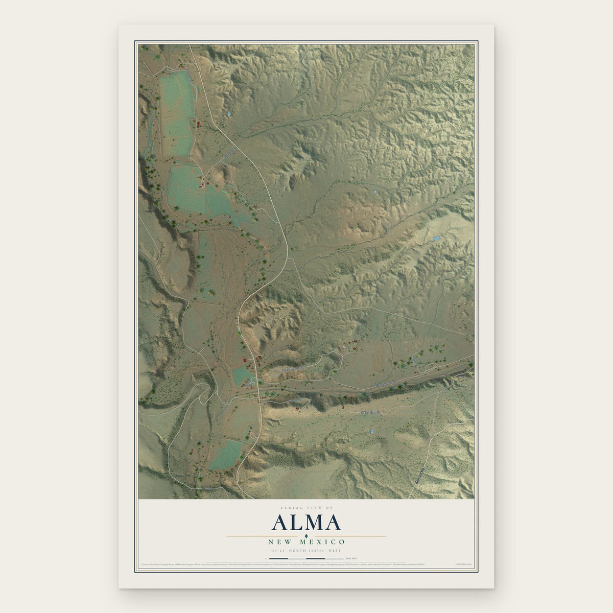 Alma, New Mexico map print, the full design