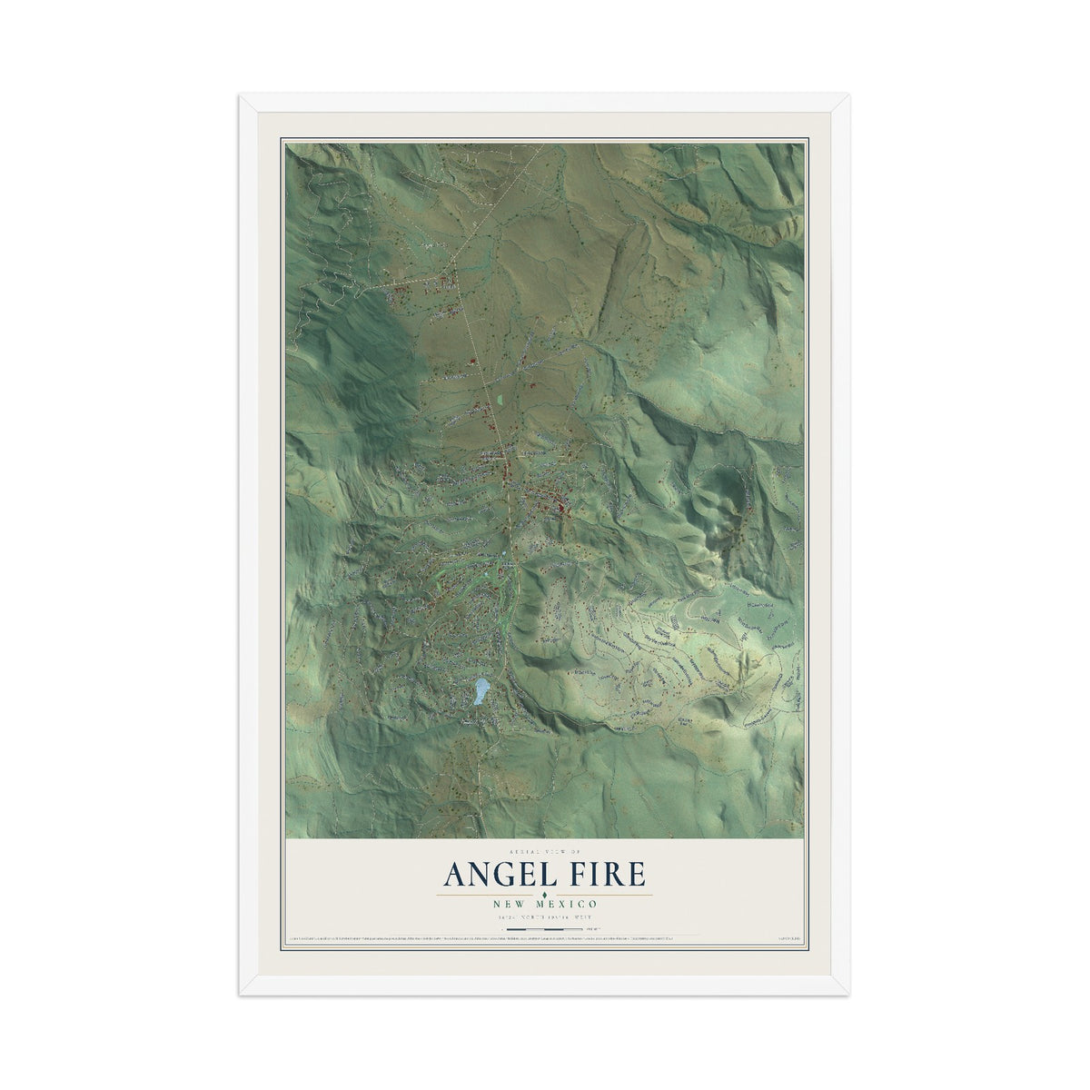 Map of Angel Fire, New Mexico, 12 x 18 inch print in a white wood frame