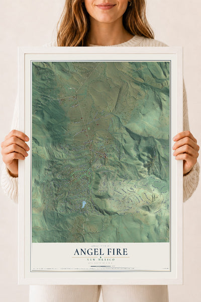 Map of Angel Fire, New Mexico, 18 x 24 inch print in a white wood frame