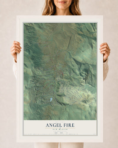 Map of Angel Fire, New Mexico, 24 x 36 inch print in a white wood frame