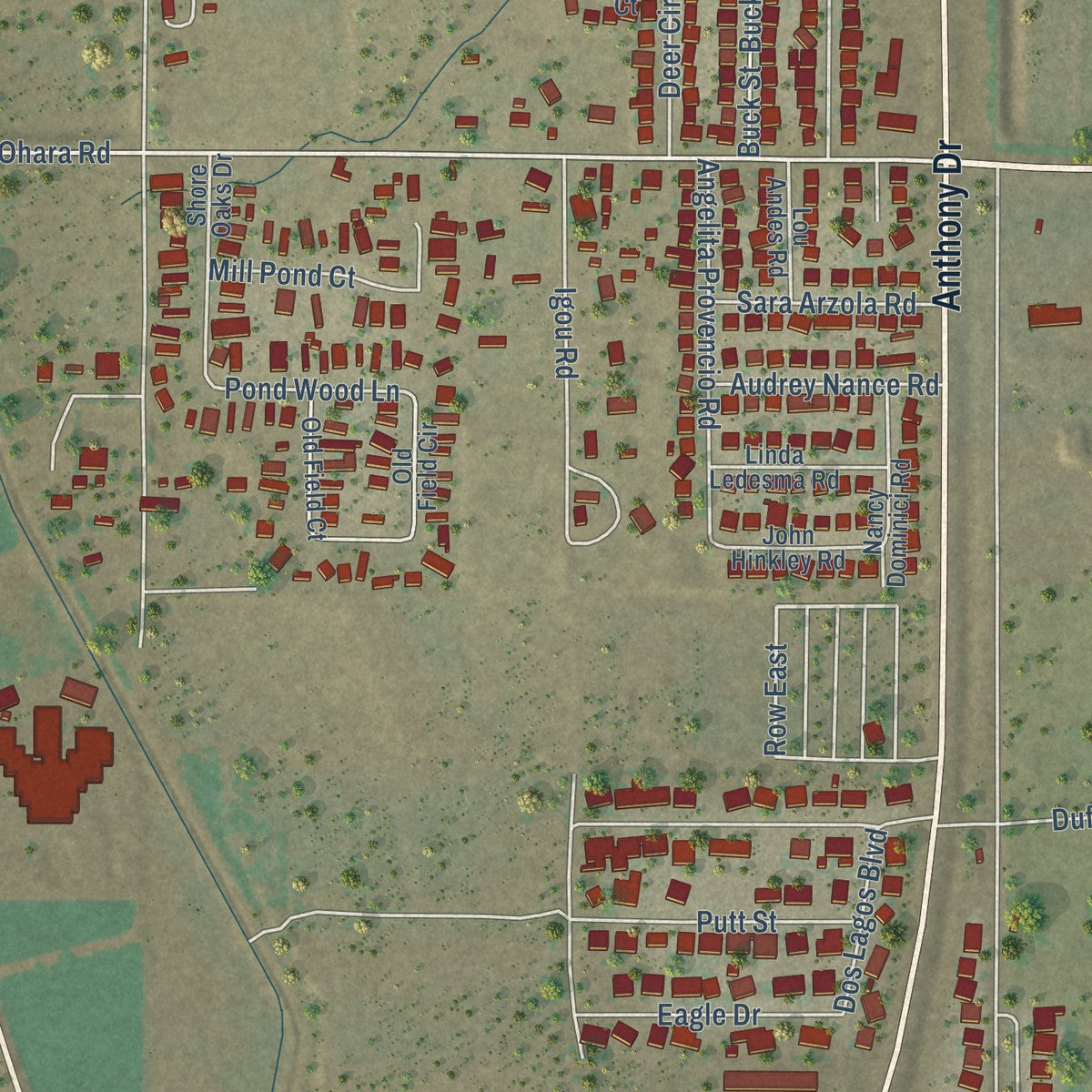Second close-up of the map of Anthony, New Mexico print showing more streets and buildings